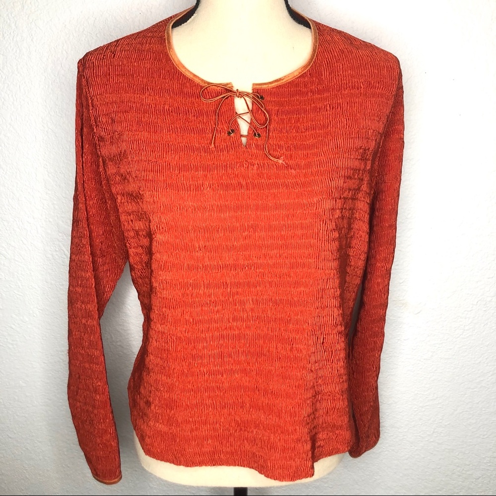 Vintage Women’s Pleated Crinkle Orange Long Sleeve Vneck